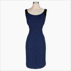 T Tahari Black Stretch Ponte Knit with Navy Blue Lace Front Panel Dress Size 10